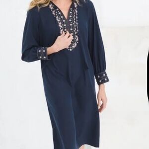 Chico's Midi Classic Navy Blue Embroidered Jewel Neck  dress. Size Chico 00
